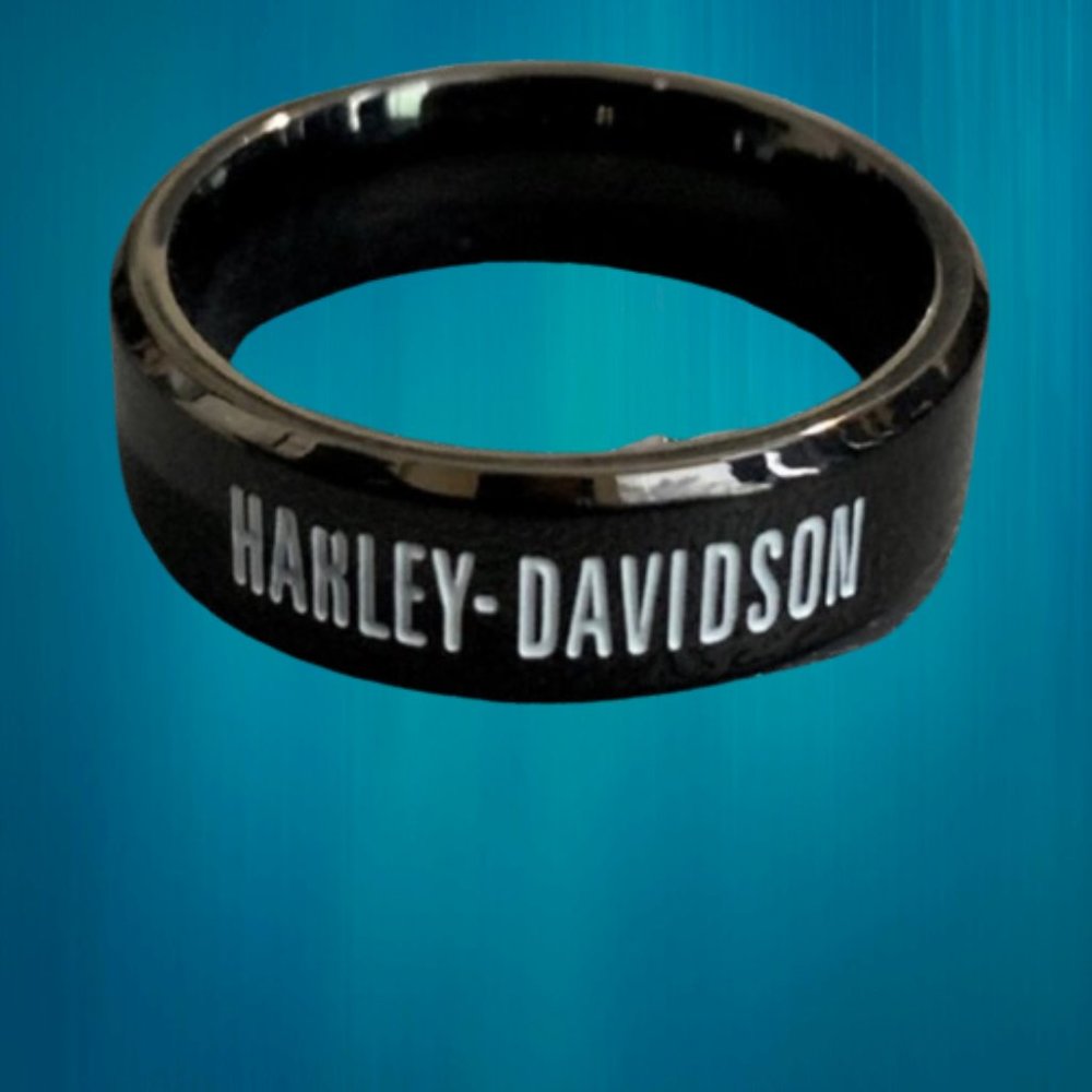 Black Harley Davidson Biker Motorcycle Ring Bar & Shield Outline Black Band